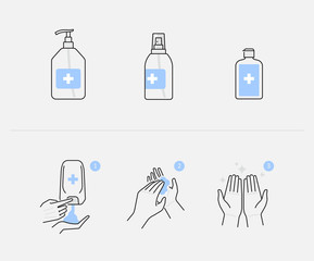 Hand sanitizer and hygienic gel products icon set, alcohol based antiseptic or anti bacterial  gel, step by step applying hand sanitizer to hands properly, infographics vector