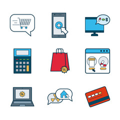 technology devices and shopping online icon set, line and fill style