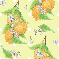 Seamless pattern with lemons on yellow background for wrapper, textile, scrapbooking paper