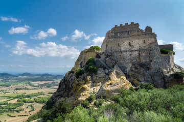 Fototapeta na wymiar The Acquafredda Castle towering the Cixerri Valley in Sardinia ad Sunset