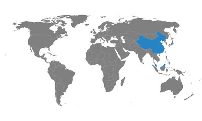 Fototapeta na wymiar Malaysia, china countries highlighted on world map. Business, political, health, trade and tourism.