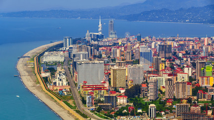 Batumi, Georgia - June 09, 2015: Aerial view of seaside city on Black Sea coast, Batumi, Georgia.