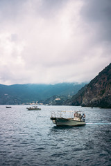 Beautiful wide panoramic view of Mediterranean turquoise sea visible from the hiking Cinque Terre trail from Vernazza to Monterosso al Mare in Italy. 