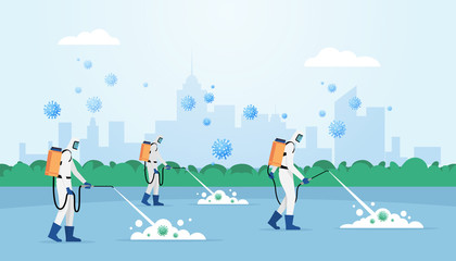 Medical scientist cleaning and disinfecting covid-19 coronavirus cells in modern city street cityscape. Epidemic virus concept. Pandemic health risk.