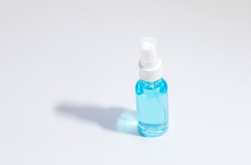 Sanitizer bottle on white blackground for washing hands to stop spreading,outbreak coronavirus covid-19 for public health safety.It's personal crisis management item.Selective focused blurred backgrou