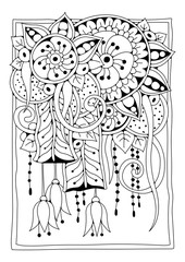 Hand drawn backdrop. Coloring book, page for adult and older children. Black and white abstract floral pattern. Vector illustration. 