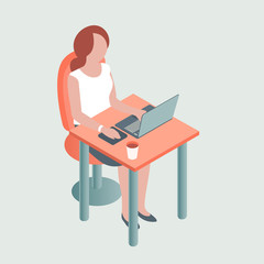 Modern girl works in the office at a laptop. Sits at a table, holding coffee in his hand. Vector illustration in isometric style.