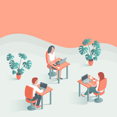 Modern young men and women work in the office. They sit at the table at laptops. Place for text. Vector illustration of people.