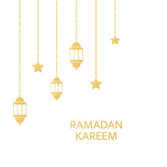 Ramadan Kareem greeting card frame. Golden fanoos, crescent and stars hanging on white background. Luxury gold design elements for banner, poster, invitation. Muslim islamic feast. Vector illustration