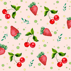  background with berries, strawberries, cherries and leaves