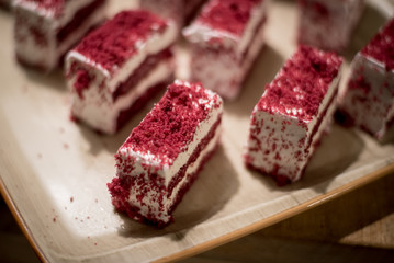 Delicious pieces of fresh at tasty cream cake