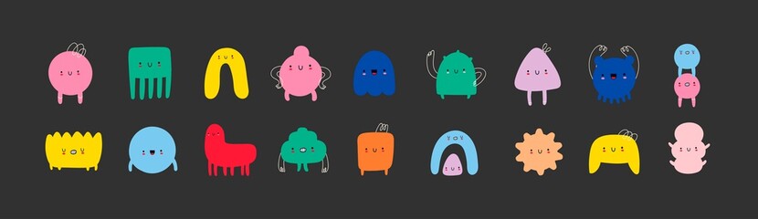 Hand drawn cute Tiny Little Doodle Monsters. Cheerful face emotions. Colorful big Vector set. Trendy illustration for kids. All elements are isolated on black background