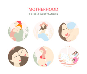 Motherhood Peach Illustrations. Mother's Day Circle Clip Art Set.
