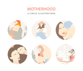 Motherhood Peach Illustrations. Mother's Day Circle Clip Art Set.