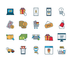gift box and shopping online icon set, fill and line style