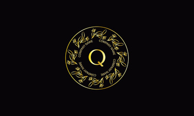 Design of elegant program with letter Q. Exquisite, ornamental calligraphic logo of business sign, restaurant, royalty, boutique, cafe, hotel.