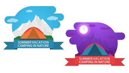 Banner for summer camping design two labels day and night emblem of a tourist tent vector flat illustration