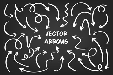 White hand drawn arrows set on gray background. Arrow, cursor Icon. Vector pointers collection. 