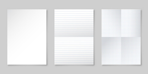 Obraz premium Realistic blank lined paper sheet with shadow in A4 format. Notebook or book page. Design template or mockup. Vector illustration.