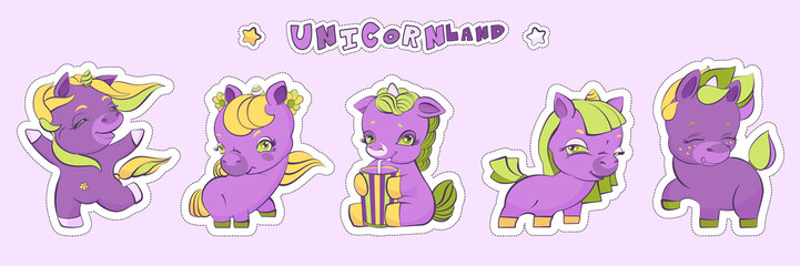 Little cute lilac unicorns, sticker set