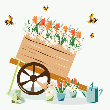 Cart with flowers in the flat style