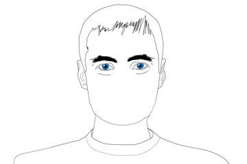 Simple reehand drawing in black outline. Man in a medical mask, head. Protection against germs, viruses. Respiratory diseases, flu.