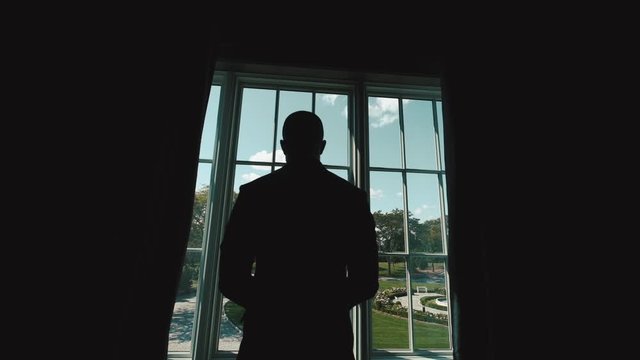 Back view of strong man silhouette near the window with view of beautiful green park on a sunny day