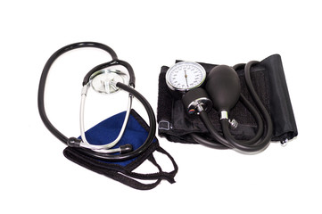 Blood pressure measuring device with a stethoscope is isolated on a white background for doctors and nurse