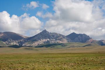 Fototapeta premium Kyrgyz steppe, near Songkol lake. Mountains in far background. Kyrgyzstan
