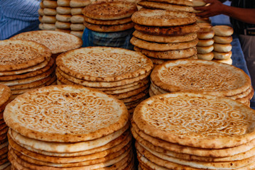 Traditional Uyghur flat bread on a market stall in Kashgar, China.