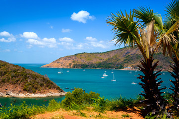 Fototapeta premium View of the sea, blue sky and palm trees at Promthep Cape in Phuket, southern Thailand.