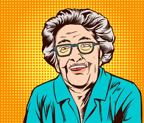Old lady smiling, good-humored, bright, happy.Pop art retro comic book cartoon drawing illustration kitsch vintage