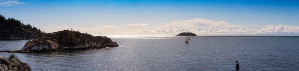 Horseshoe Bay, West Vancouver, British Columbia, Canada. Beautiful Panoramic Canadian Landscape View of a Rocky Island on Pacific West Coast in Whytecliff Park during sunny winter day. Panorama