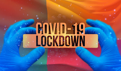 Fototapeta na wymiar COVID-19 lockdown concept with backgroung of waving national flag of Benin. Pandemic 3D illustration.
