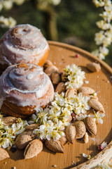 Homemade Cinnabon Buns with Cinnamon and Cream. Tasty cakes with cream buttercream icing. Easter sweet dessert cake. Close up view. Cinnamon in blooming trees. Outdoor shooting in garden.