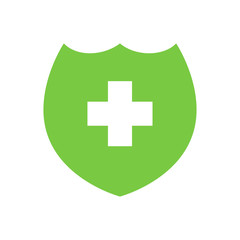 Green shield icon with a medical cross. Flat vector symbol of assistance. Respiratory face mask. Virus protection illsutration.