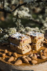 Blueberry Crumble Cake. Easter sweet dessert cake. Black currant cake. Close up view. Selective focus. Crumble cake with blueberries and homemade cottage cheese in blooming trees. Outdoor shooting