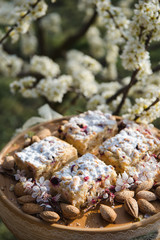 Blueberry Crumble Cake. Easter sweet dessert cake. Black currant cake. Close up view. Selective focus. Crumble cake with blueberries and homemade cottage cheese in blooming trees. Outdoor shooting