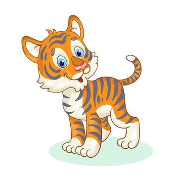 Cute little tiger cub. In cartoon style. Isolated on white background. Vector illustration.