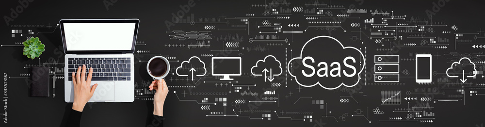 Poster saas - software as a service concept with person using a laptop computer