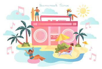 Illustrated summer time theme with music and people sunbathing. Vector illustration