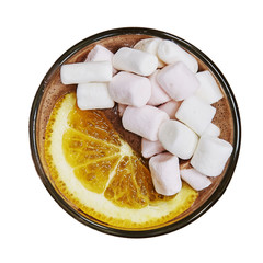 Sweet coffee drink in a transparent glass on a white background