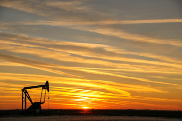 Pump jack in the oil field at sunset