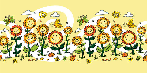 Obraz na płótnie Canvas Vector yellow colourful cartoon sunflowers repeat horizontal border. Suitable for shower curtains and wall murals.