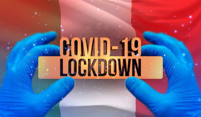 Fototapeta na wymiar COVID-19 lockdown concept with backgroung of waving national flag of Italy. Pandemic 3D illustration.