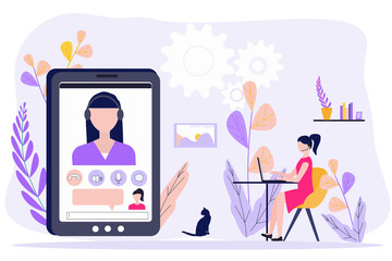 Woman sitting at home, chatting to colleague with video calling. Concept Freelance, remote work, teleworking, quarantine. Video conference, meeting. Vector for web banner, social media, landing page