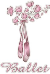 Pink ballerina Pointe shoes hanging on a branch of cherry blossoms. Design for a postcard, poster, or banner. Illustration in the style of an engraving with an inscription. Stock vector.