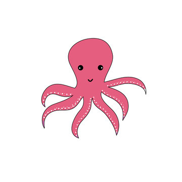 Octopus sea inhabitant funny with isolated cartoon image of marine animal and fishes on white background vector illustration