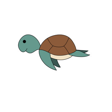 Turtle sea inhabitant funny with isolated cartoon image of marine animal and fishes on white background vector illustration