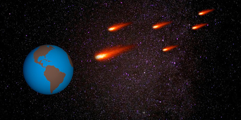 Meteoritos dirigiendose a la tierra. Ilustración que muestra el planeta tierra en el espacio con unos meteoritos que se dirigen hacia ella. © masauvalle
